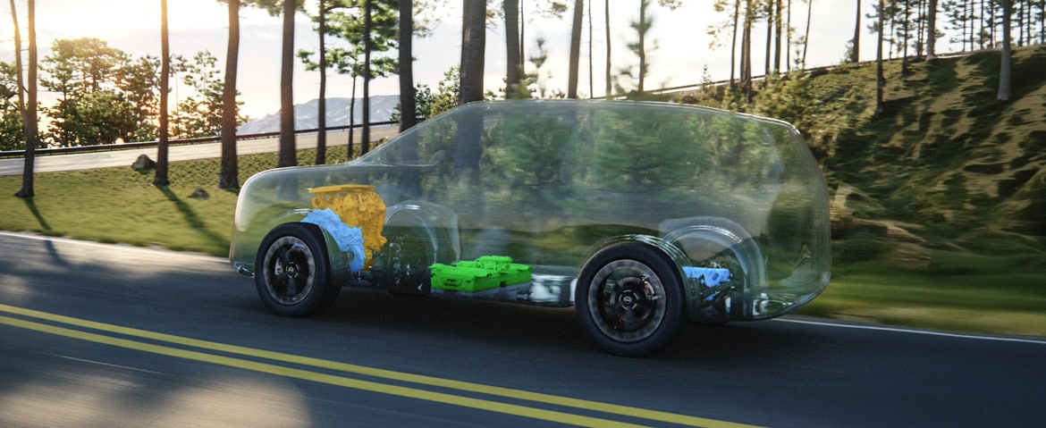 Illustration of the 2027 Nissan Rogue Hybrid e-POWER powertrain while driving on a road